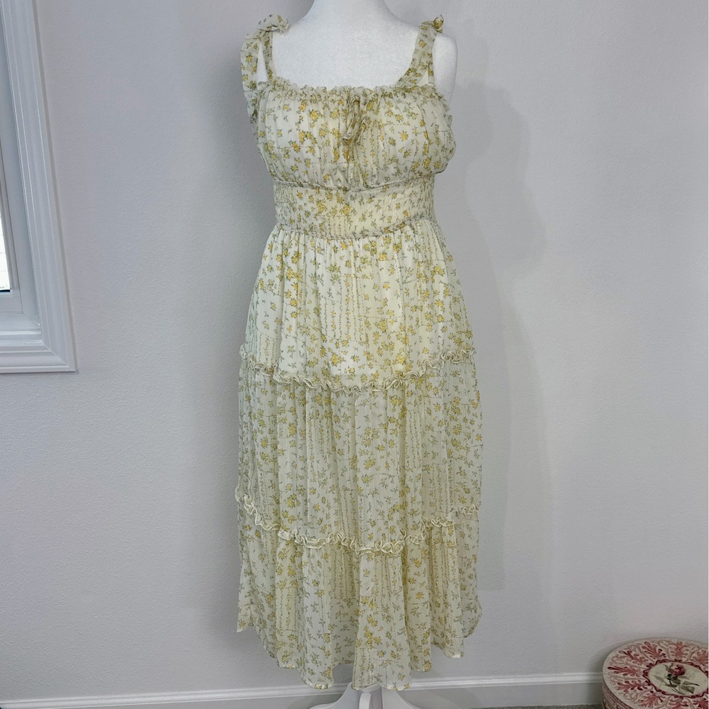 Trixxi Floral Tiered Midi Dress Womens XL Yellow Cream Excellent